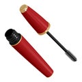 Mascara in red tube with a brush, with golden trim, open and closed packaging.