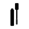 Mascara silhouette icon. Set of separate tube, eyelash brush. Black simple illustration of decorative cosmetics, makeup. Flat Royalty Free Stock Photo