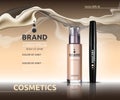 Mascara and Skin toner ads cosmetics. Glass bottle and sparkling effects background. Elegant lable for design, template. Mockup 3D