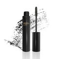 A mascara tube and a wand applicator. Cosmetic black bottle with eyelash brush. Isolated on white background. black brush stroke, Royalty Free Stock Photo