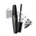 A mascara tube and a wand applicator. Cosmetic black bottle with eyelash brush. Isolated on white background. black brush stroke, Royalty Free Stock Photo