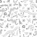 Seamless Pattern of Hand Drawn Party Symbols. Children Drawings of Masquerade Elements. Sketch Style. Royalty Free Stock Photo