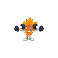 Mascot a with bring barbell in the cartoon orange autumn leaves
