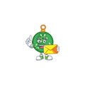 Mascot bring envelope in the green christmas ball cartoon