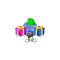 Mascot bring two gifts in the cartoon blue christmas ball Royalty Free Stock Photo