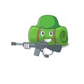 A mascot of camping mat Scroll Army with machine gun