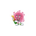 Mascot cartoon design of corona virus parasite with bottle of beer