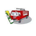 Mascot cartoon design of fire truck with bottle of beer