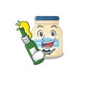 Mascot cartoon design of mayonnaise with bottle of beer