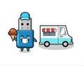 Mascot cartoon of flash drive usb with ice cream truck