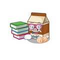 Mascot cartoon of hazelnut milk studying with book