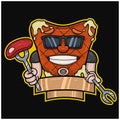 Mascot Cartoon of Meat Steak With Holding Meat and Forks. With Blank Sign. For Food, Meat, Barbeque and Beef Logo