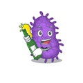 Mascot character design of bacteria bacilli say cheers with bottle of beer