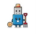 Mascot character of flash drive usb as a farmer Royalty Free Stock Photo