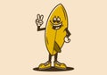 Mascot character of a standing surfboard with hands forming a peace symbol