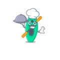 Mascot character style of canoe chef serving dinner on tray