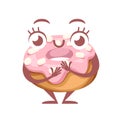 Mascot colorful donut. Dessert with cream. Cartoon character design. Flat illustration isolated on white background. Sweet