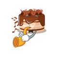 Mascot design concept of chocolate cake playing a trumpet