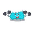 Mascot design of smiling Fitness exercise bacteria prokaryote lift up barbells