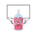 Mascot design of strawberry bubble tea lift up a board