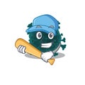 Mascot design style of coronavirus COVID 19 with baseball stick