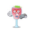 Mascot design style of cosmopolitan cocktail gamer playing with controller