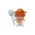 Mascot design style of Farmer chocolate cupcake with hat and pitchfork