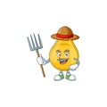 Mascot design style of Farmer gold hair serum with hat and pitchfork