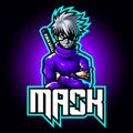 Mascot esport character logo gaming purple jacket costume ninja modern with mask and sword. Logo gaming for team squad