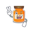 Mascot of funny peach jam cartoon Character with two fingers