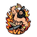 Hephaestus Greek God of Forge and Fire Wielding Blacksmith Hammer Mascot Cartoon Retro