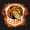 Mascot Lions - sport team logo template. Lion head on the shield. T-shirt graphic, badge, emblem, sticker.