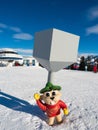 Mascot marmot Murmli in winter in resort Ladis, Fiss, Serfaus in ski resort in Tyrol