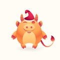 Mascot for Merry Christmas and happy Chinese new year 2021. Cute bull winks, cheerful ox character with Christmas hat on Royalty Free Stock Photo