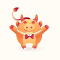 Mascot for Merry Christmas and happy Chinese new year 2021. Cute fortunate bull, cheerful ox character with gentleman Royalty Free Stock Photo