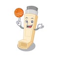 A mascot picture of asthma inhaler cartoon character playing basketball