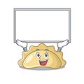 A mascot picture of pierogi raised up board