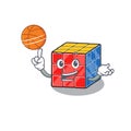 A mascot picture of rubic cube cartoon character playing basketball