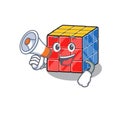 A mascot of rubic cube speaking on a megaphone