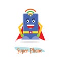 Mascot super hero cheerful phone