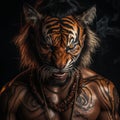 mascular man as angry tiger face roaring on black background Royalty Free Stock Photo