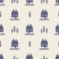 Masculine block print house vector pattern. Seamless sketchy city street organic style for rustic tile.