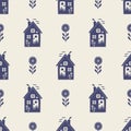 Masculine block print house vector pattern. Seamless sketchy city street organic style for rustic tile.