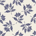 Masculine block print sprig stem vector pattern. Seamless sketchy herb plant organic style for rustic tile.