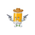 A masculine cowboy cartoon drawing of beer can holding guns