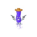 A masculine cowboy cartoon drawing of blue spirila holding guns