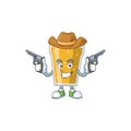 A masculine cowboy cartoon drawing of mug of beer holding guns