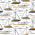 Masculine drawn boat doodle motif seamless pattern. Classic retro modern shape for digital scrapbook paper and