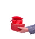 Masculine hands offers red gift boxes