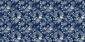Masculine indigo floral blockprint linen seamless border. All over print of navy blue cotton effect flower linocut Royalty Free Stock Photo